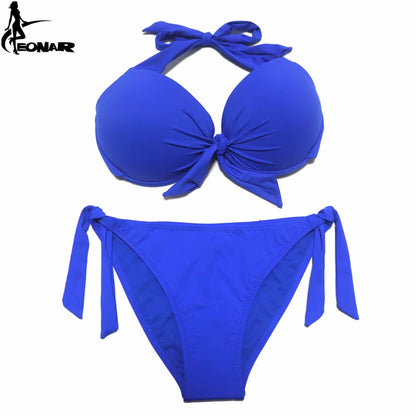 Bikini Push Up para Mujer de Color Sólido | Traje de Baño de Dos Piezas con Top Halter y Braga Ajustable