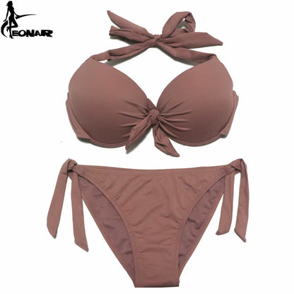 Bikini Push Up para Mujer de Color Sólido | Traje de Baño de Dos Piezas con Top Halter y Braga Ajustable