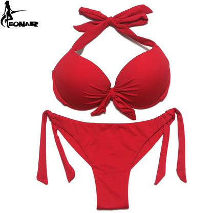 Bikini Push Up para Mujer de Color Sólido | Traje de Baño de Dos Piezas con Top Halter y Braga Ajustable