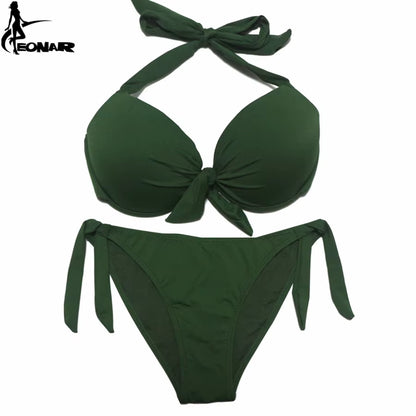 Bikini Push Up para Mujer de Color Sólido | Traje de Baño de Dos Piezas con Top Halter y Braga Ajustable