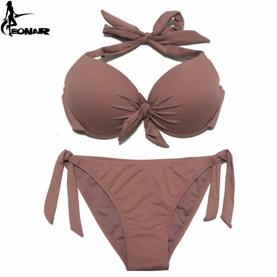 Bikini Push Up para Mujer de Color Sólido | Traje de Baño de Dos Piezas con Top Halter y Braga Ajustable