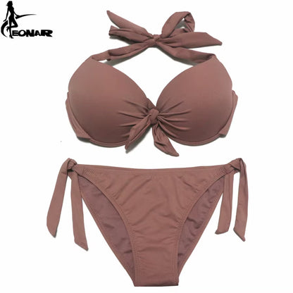 Bikini Push Up para Mujer de Color Sólido | Traje de Baño de Dos Piezas con Top Halter y Braga Ajustable