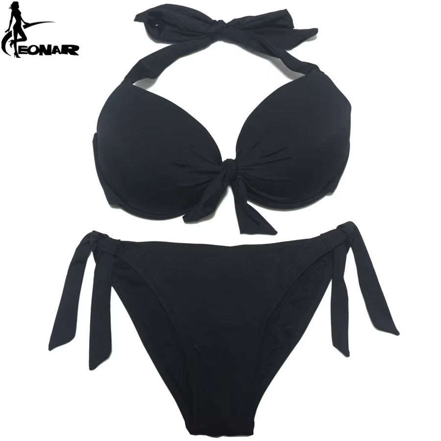 Bikini Push Up para Mujer de Color Sólido | Traje de Baño de Dos Piezas con Top Halter y Braga Ajustable