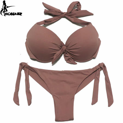 Bikini Push Up para Mujer de Color Sólido | Traje de Baño de Dos Piezas con Top Halter y Braga Ajustable