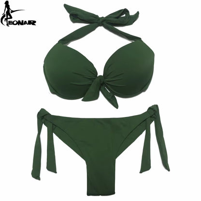 Bikini Push Up para Mujer de Color Sólido | Traje de Baño de Dos Piezas con Top Halter y Braga Ajustable