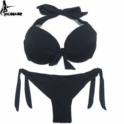Bikini Push Up para Mujer de Color Sólido | Traje de Baño de Dos Piezas con Top Halter y Braga Ajustable