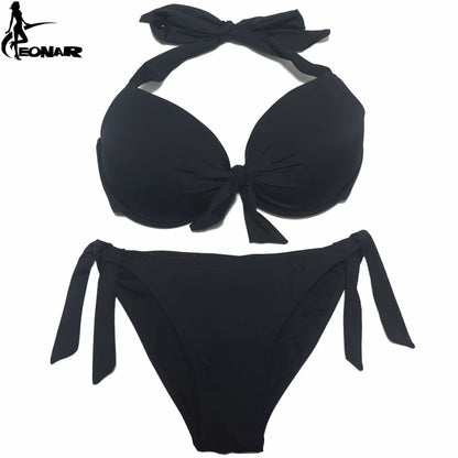 Bikini Push Up para Mujer de Color Sólido | Traje de Baño de Dos Piezas con Top Halter y Braga Ajustable